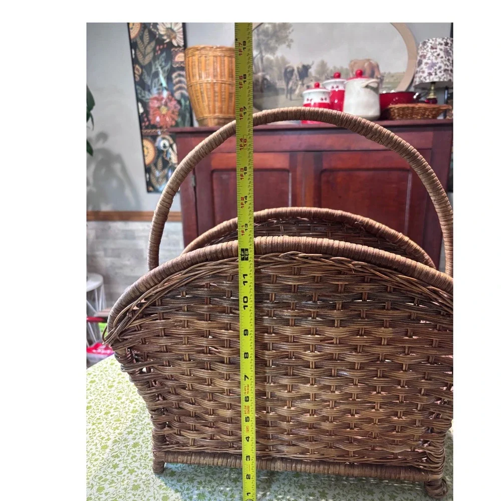 Vintage Woven Wicker Magazine Rack Basket with Handle Brown Rustic Farmhouse